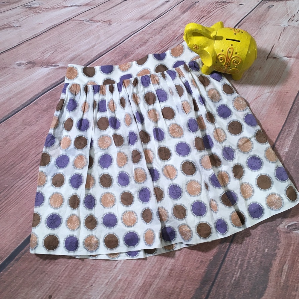 Anthropologie White Midi Skirt with Purple and Brown Polka Dots